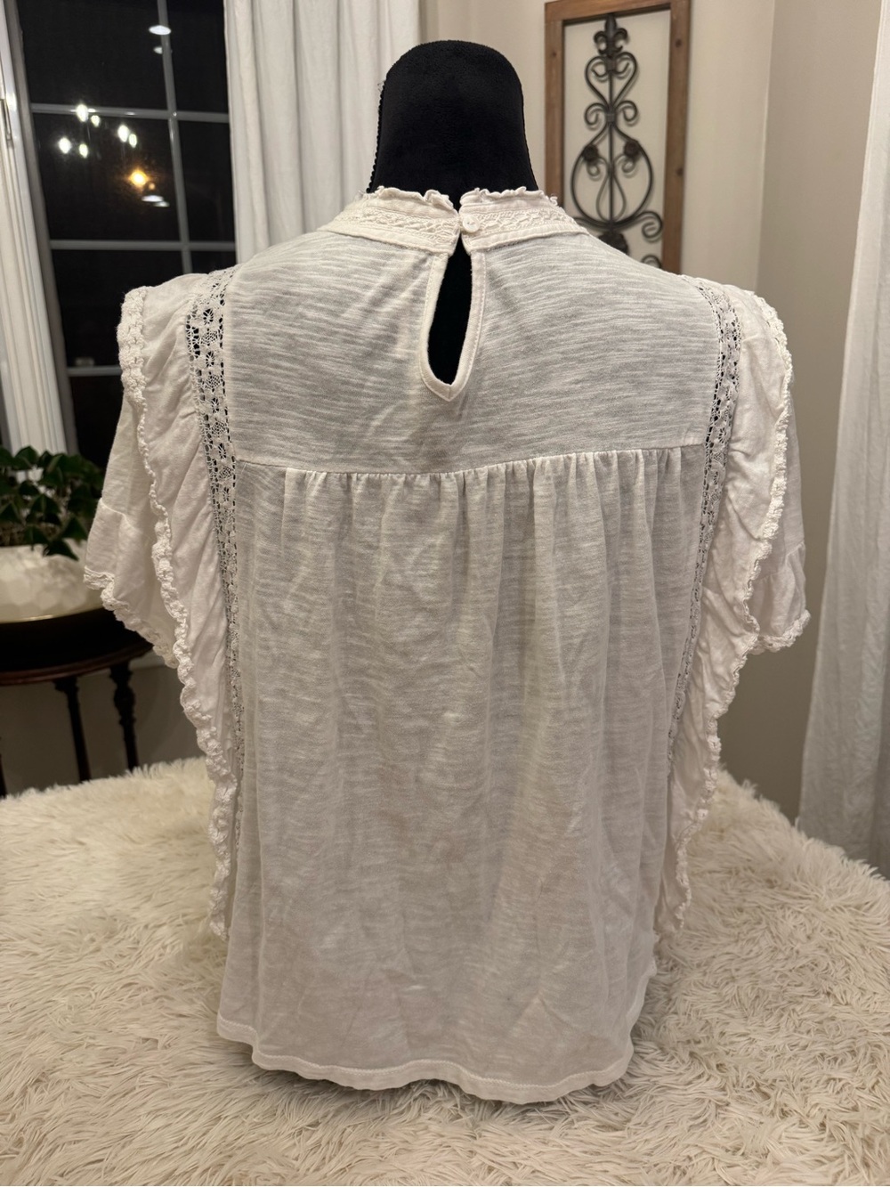 Free People "La Femme" White Lace-Trim Ruffle Blouse - Picture 3 of 10